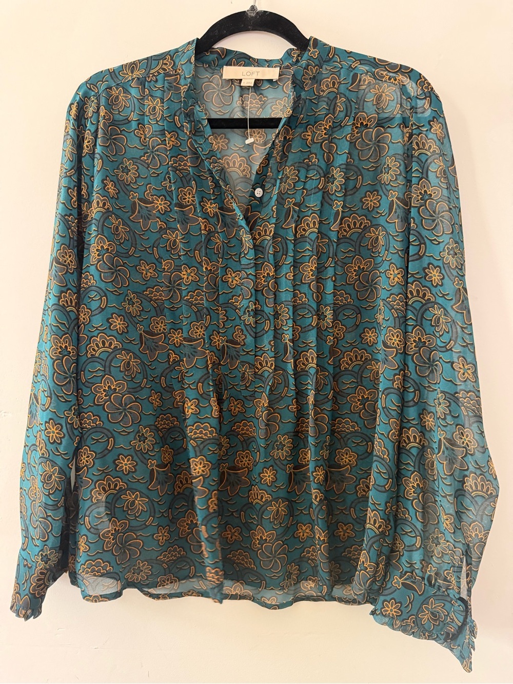 LOFT Teal and Gold Floral Sheer Button-Front Blouse